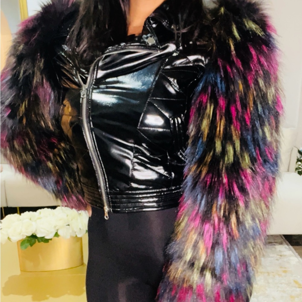 Patent pleather moto jacket with colorful fluorescent fux fur sleeves